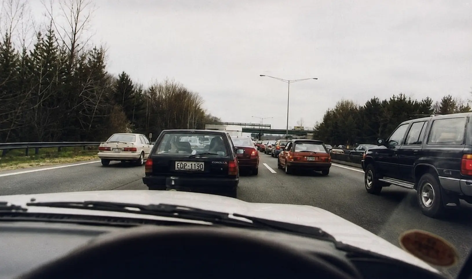 Driver view of traffic jam building up ahead