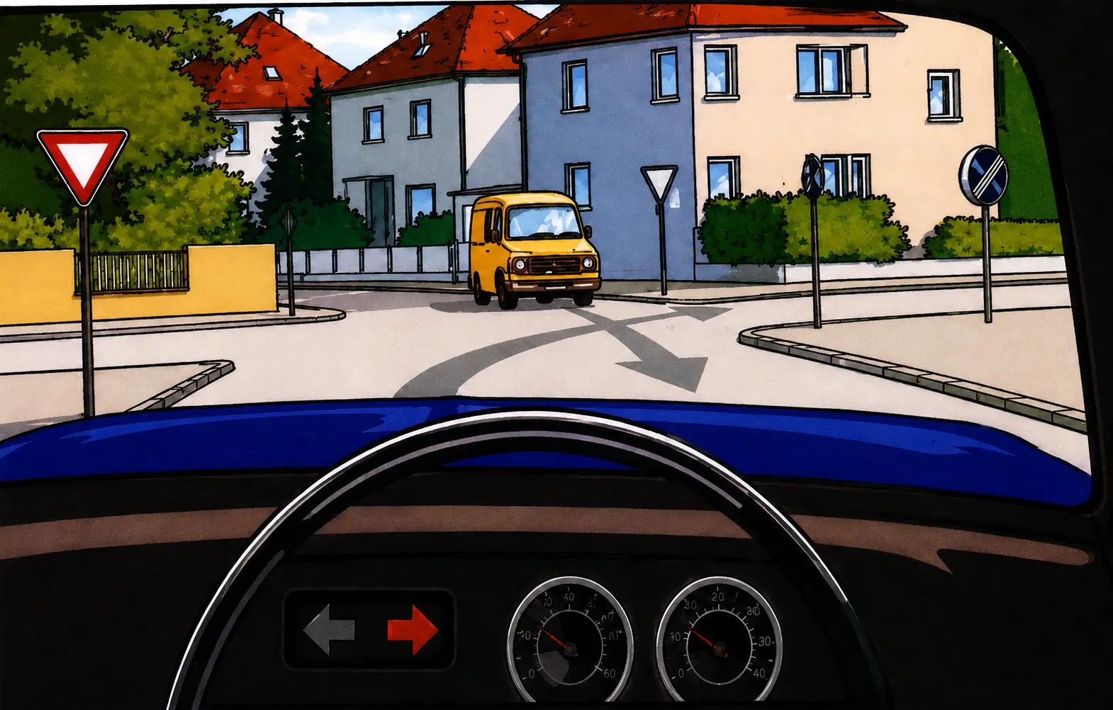Intersection with yellow truck and give way sign