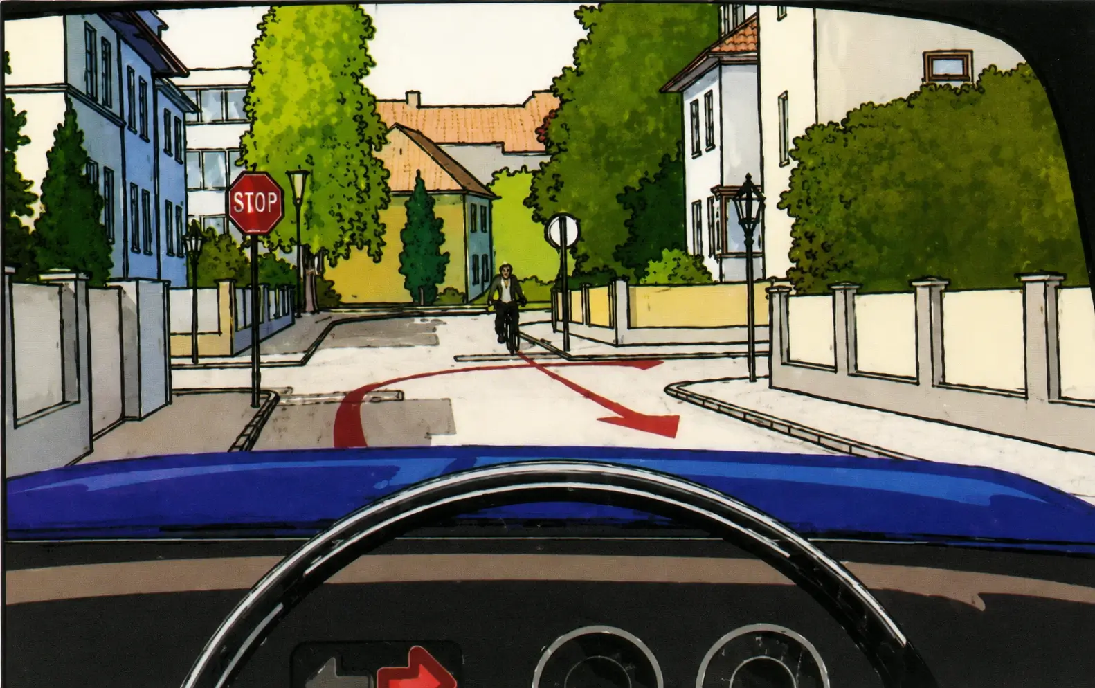 Driver view at stop line with cyclist