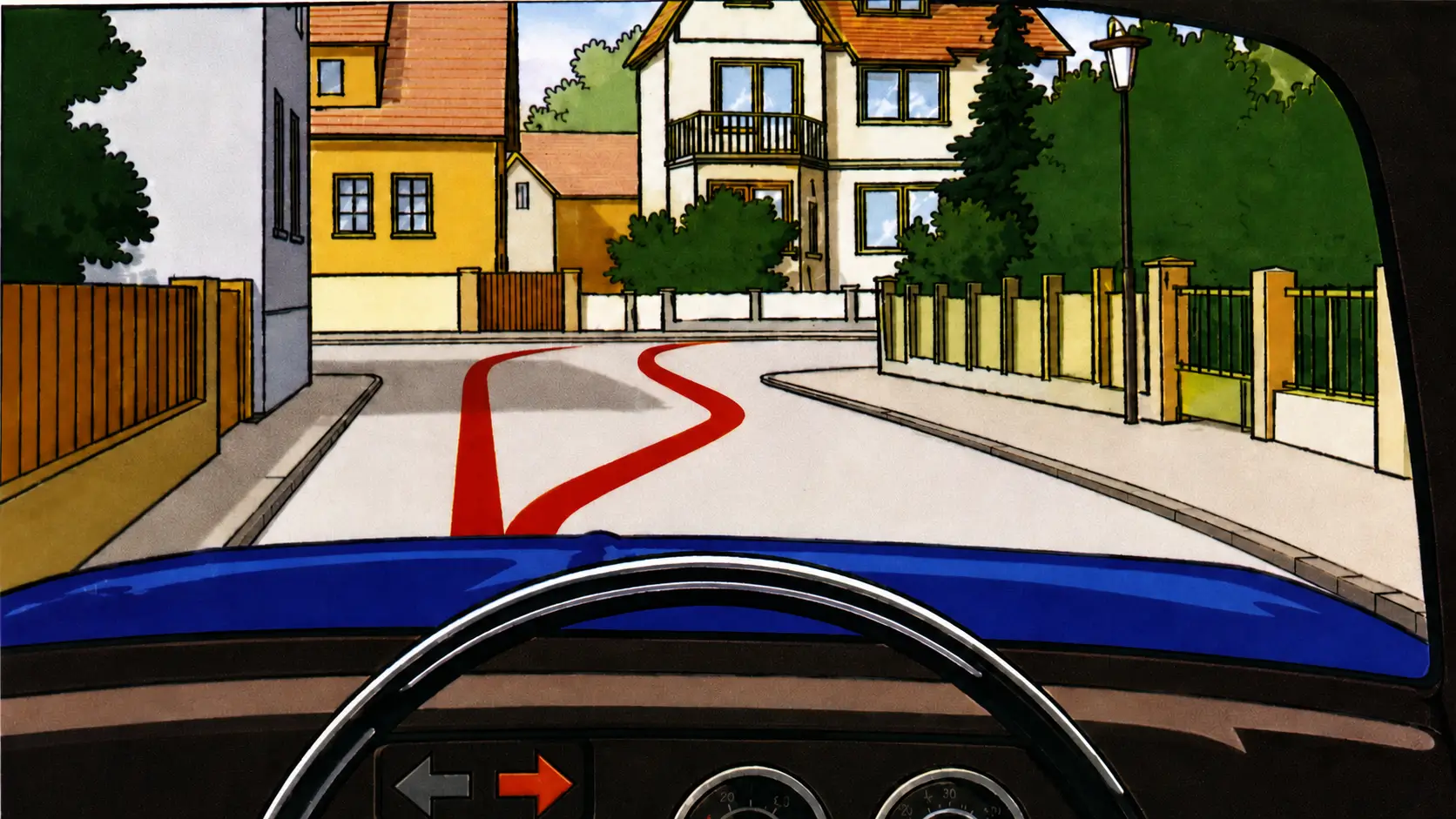 Driver view showing lane markings for turn