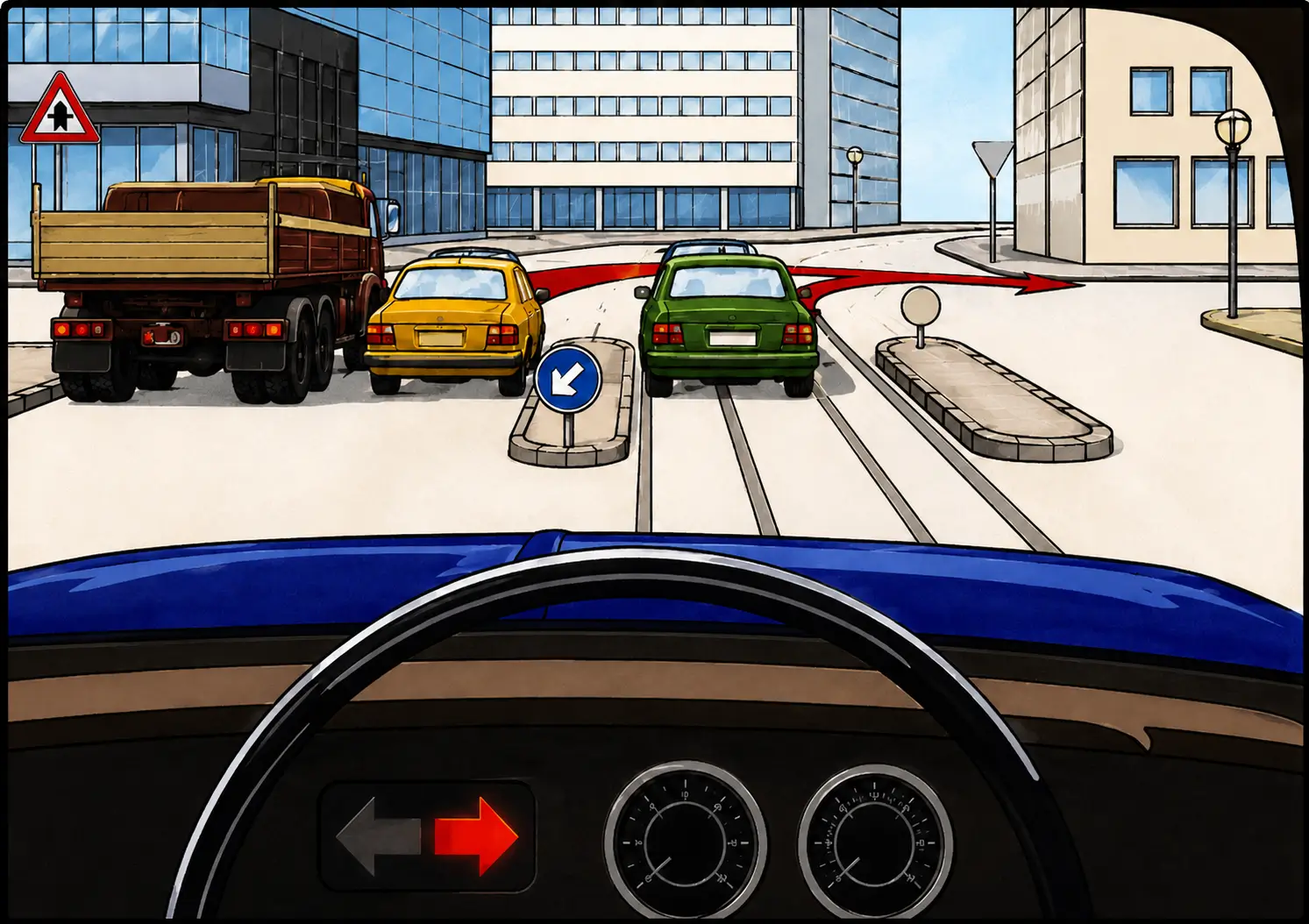 Intersection with three cars in lanes