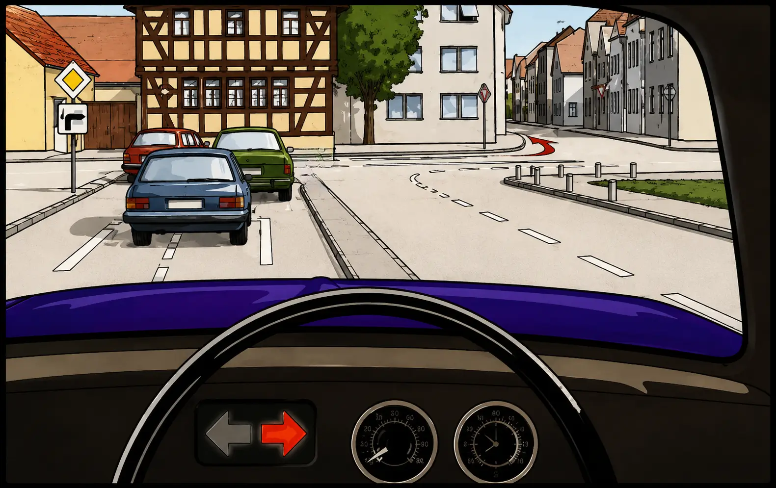 Intersection with red car positioned to turn left