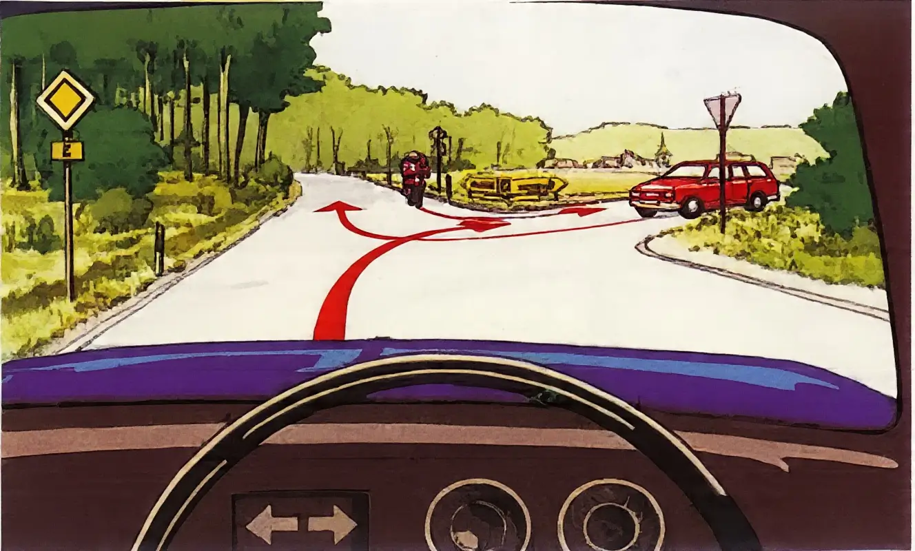 Intersection with red car, motorcycle, and your car