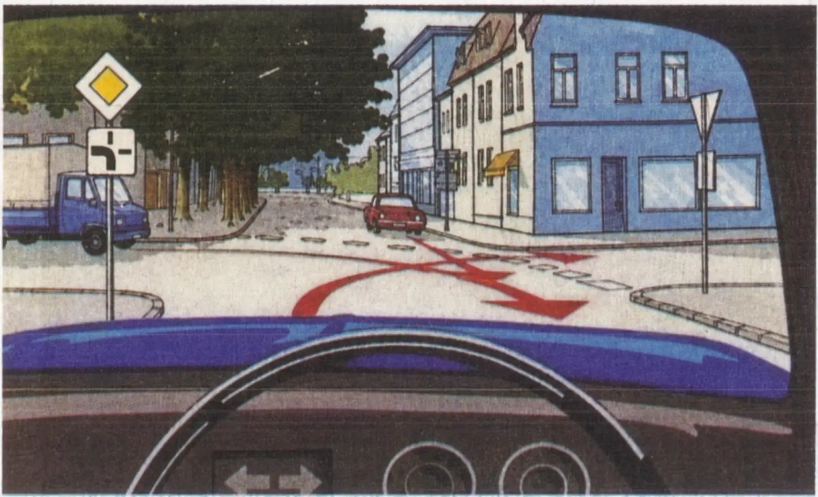Intersection with blue truck and red car