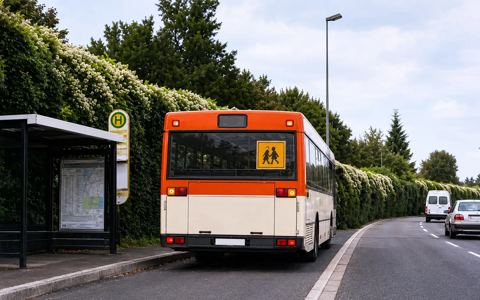 Photo of bus with hazard lights at bus stop