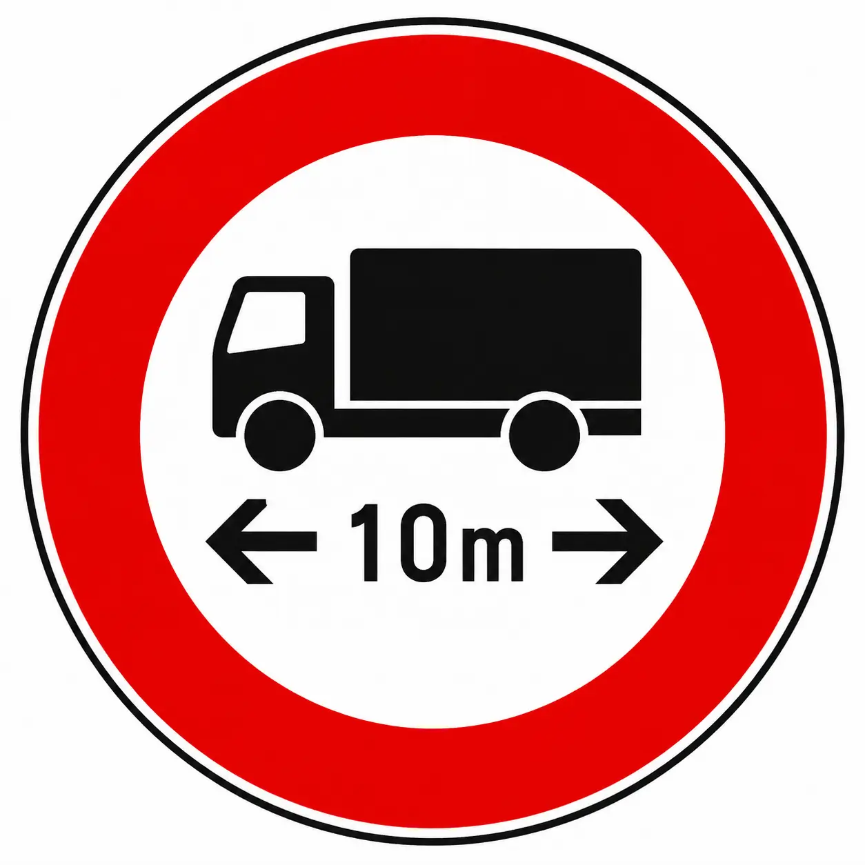 Red circular sign with truck and 10m length limit