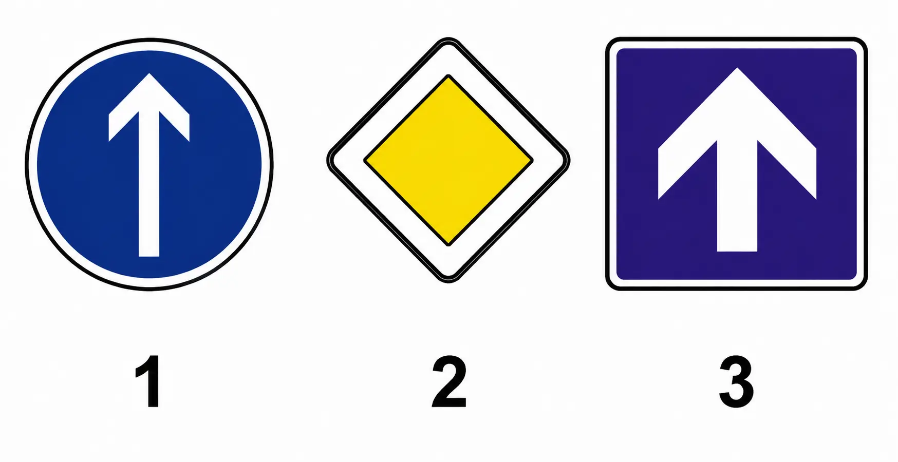 Three signs: straight ahead, priority road, straight ahead