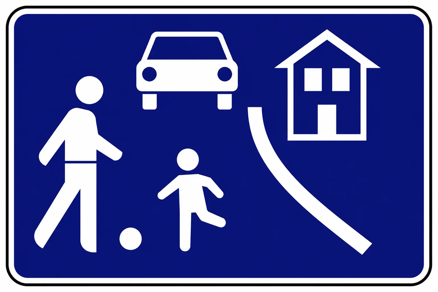 Blue sign showing pedestrian, car, house and curved arrow