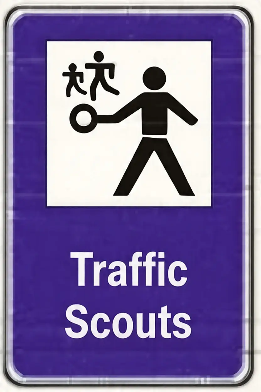 Blue sign with Traffic Scouts symbol
