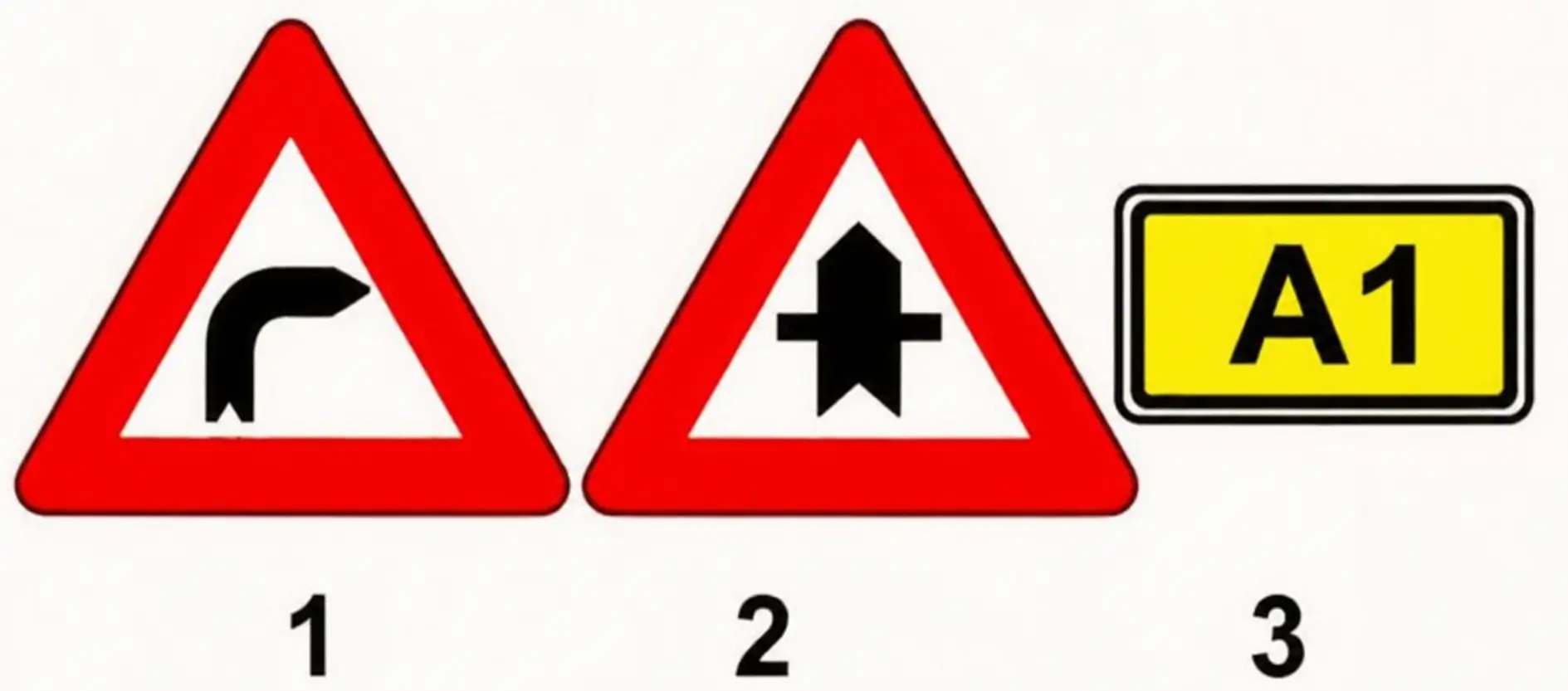 Three signs: hazard left bend, hazard, A1 road number