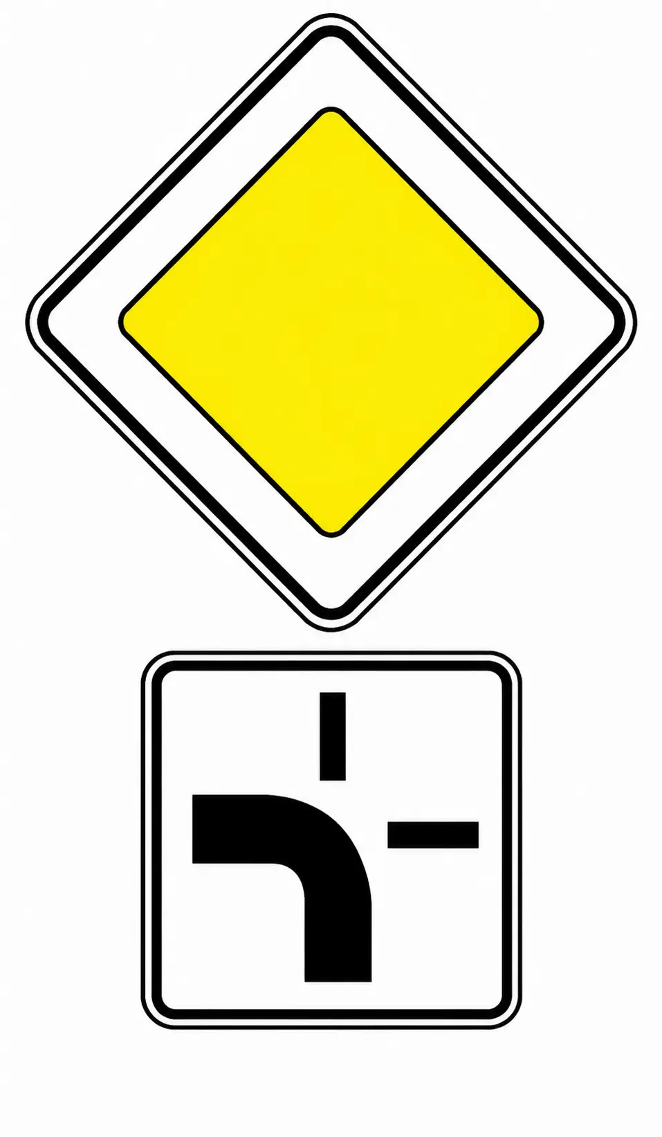 Yellow diamond priority road with junction supplementary plate