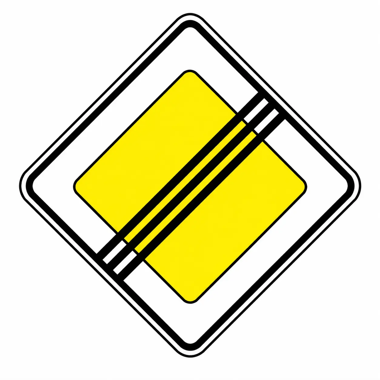 Yellow diamond with black bar priority road end sign
