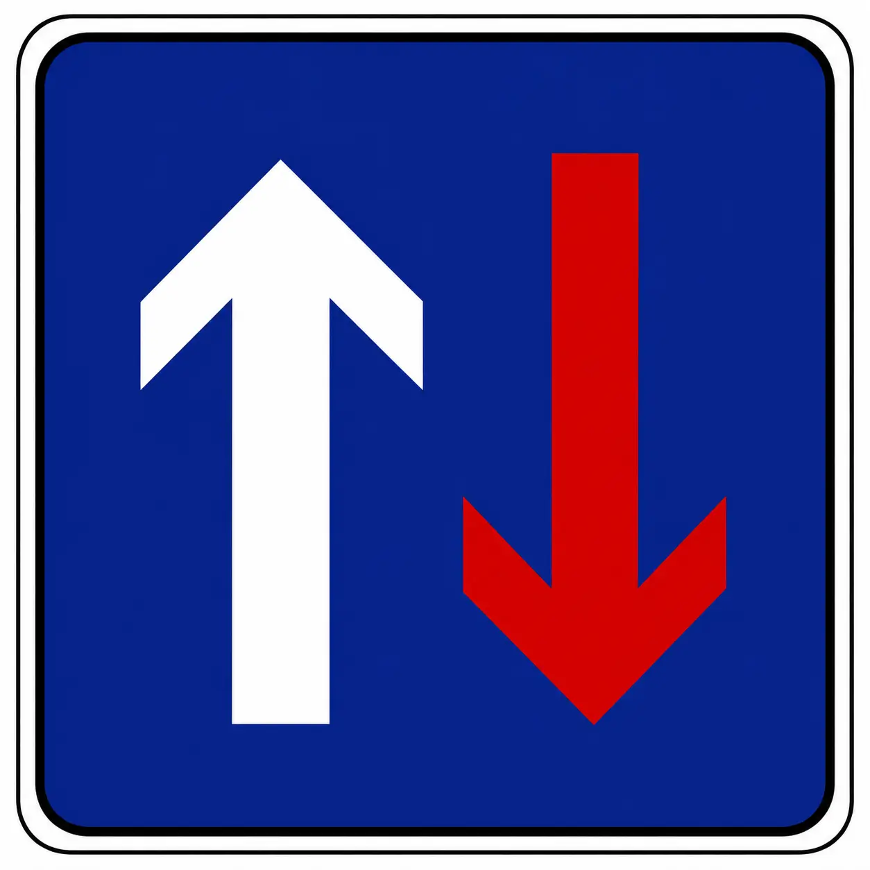 Blue sign with white arrow up and red arrow down