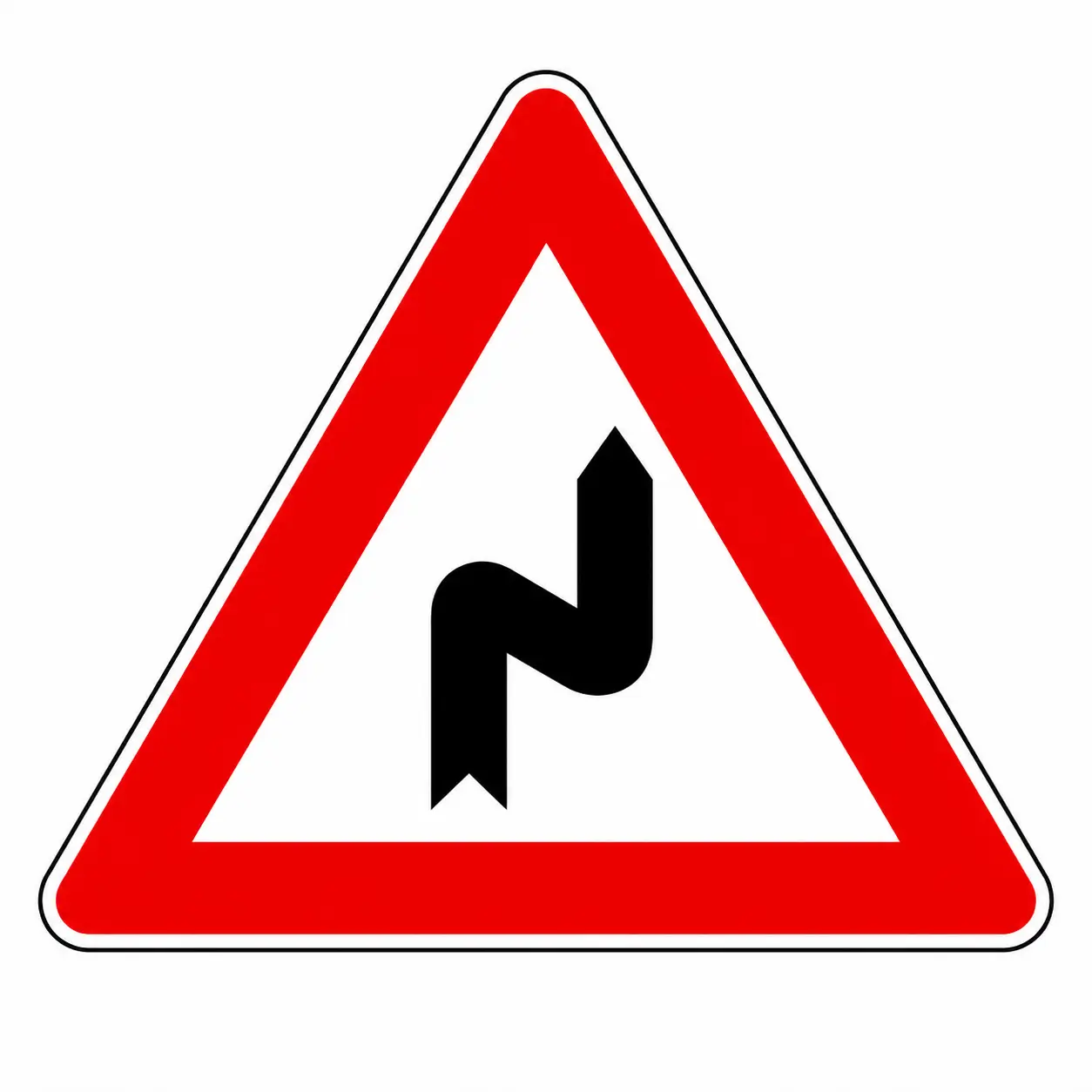 Red triangular warning sign showing a double bend, first left then right