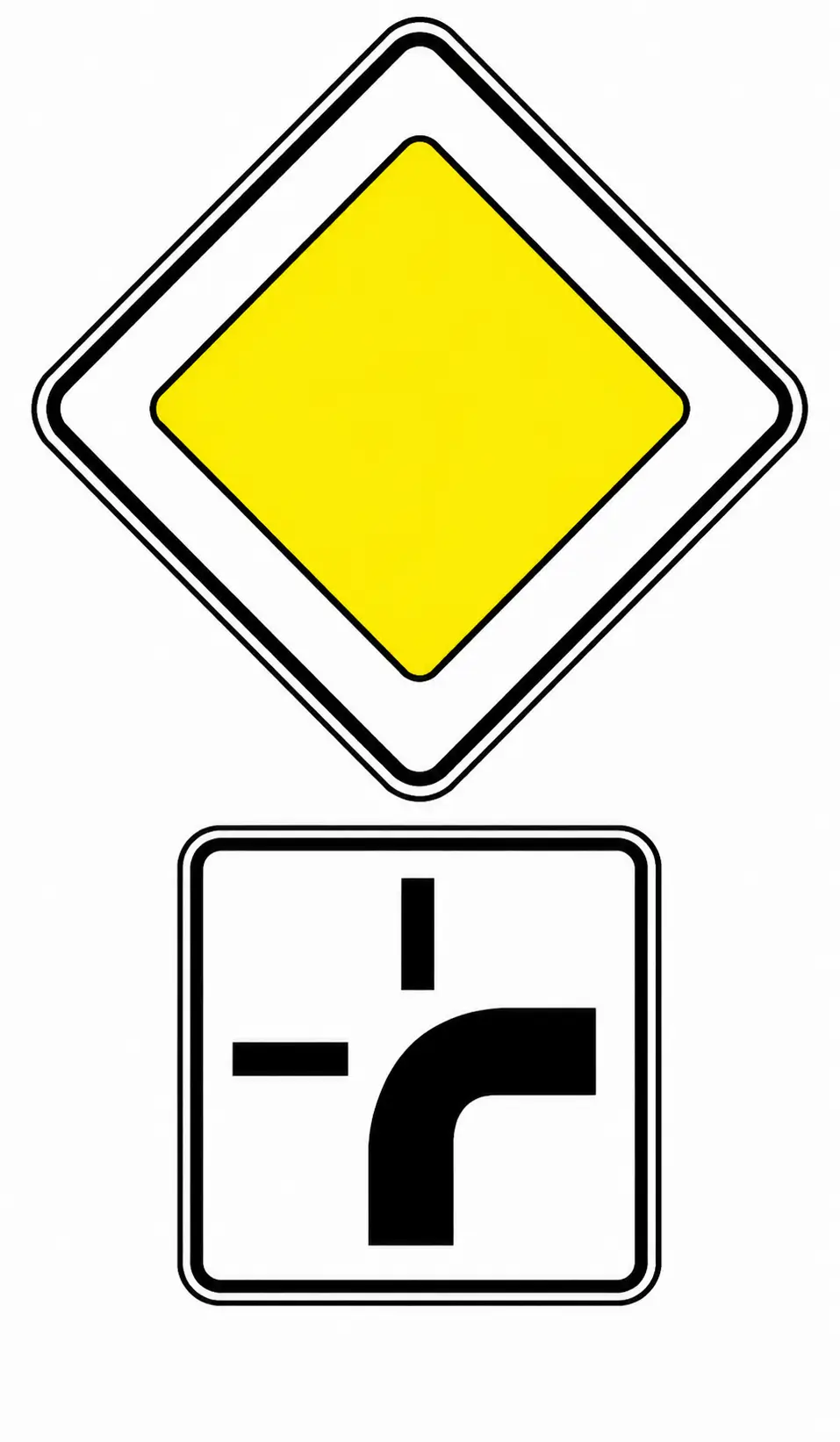 Yellow diamond priority road with right turn supplementary plate
