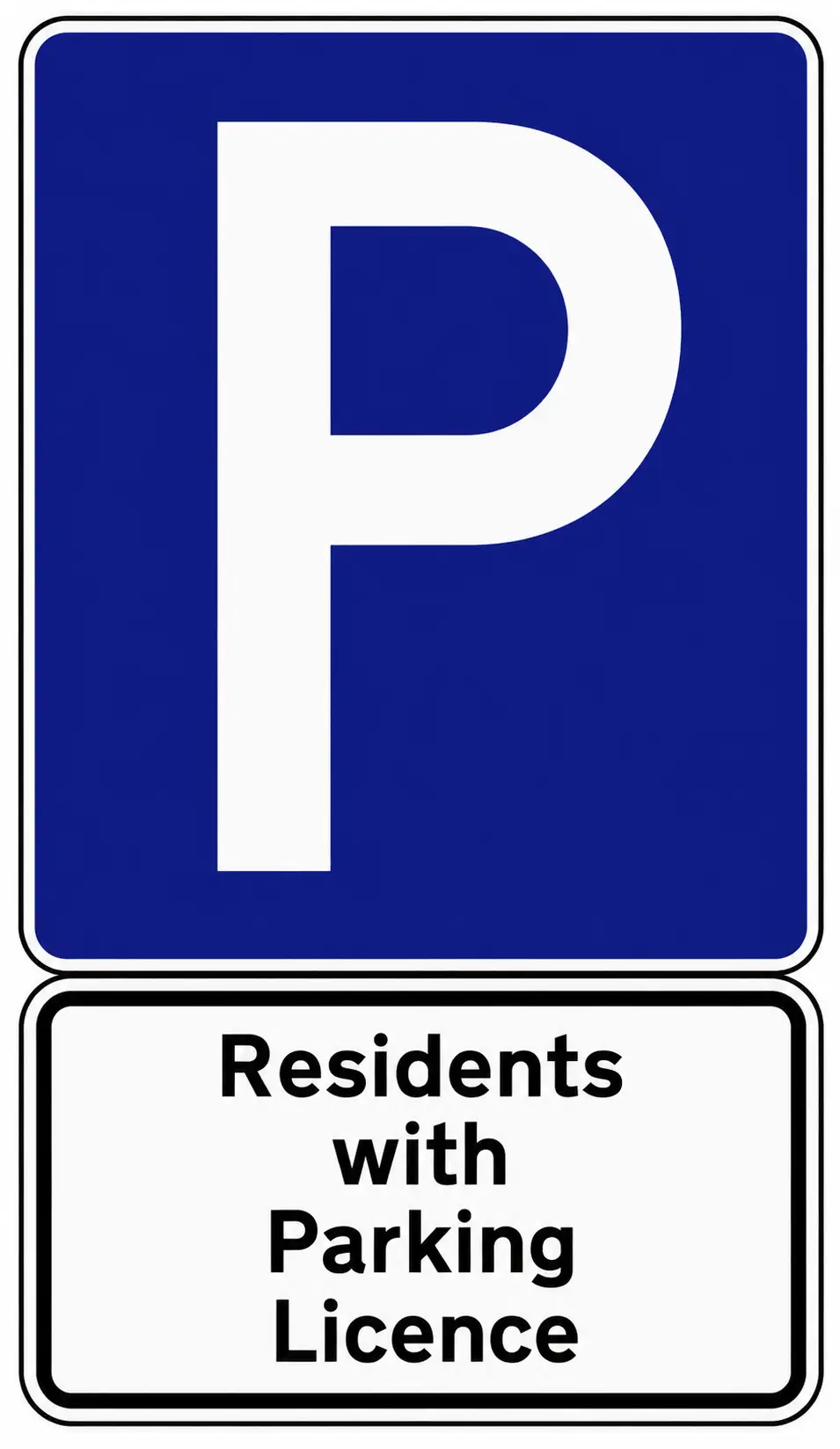 Blue P parking sign with Residents Parking Licence plate