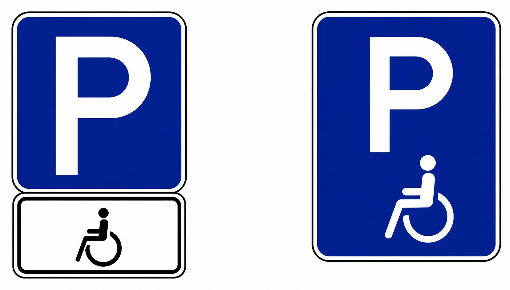 Two blue P parking signs with disabled symbol
