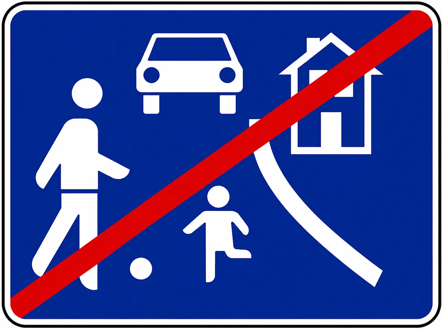 Blue sign with pedestrian, car, house crossed out