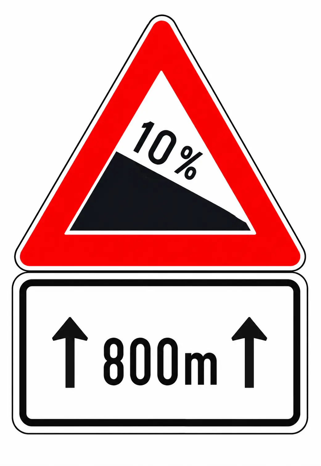 Red triangular warning sign showing 10% downhill slope with a 800m supplementary plate
