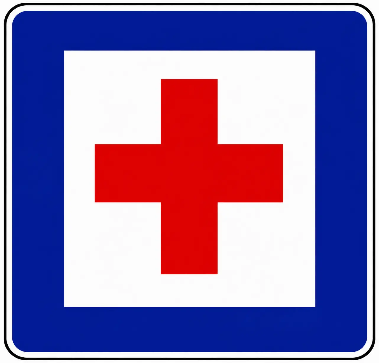 Blue sign with red cross first aid station