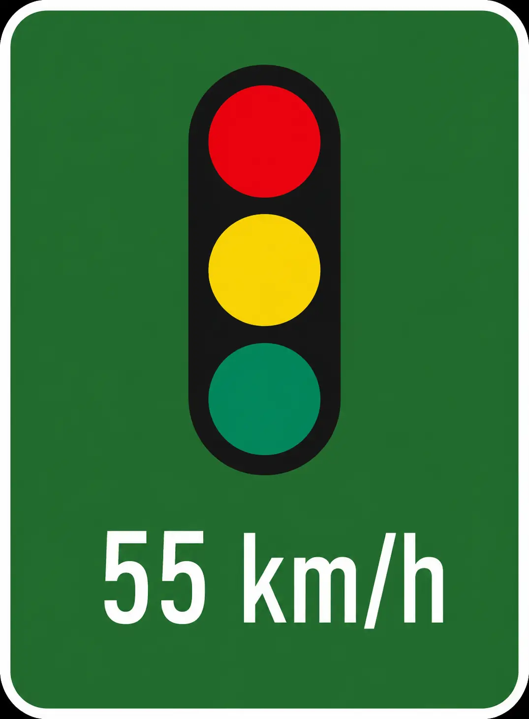 Green sign with traffic lights and 55 km/h