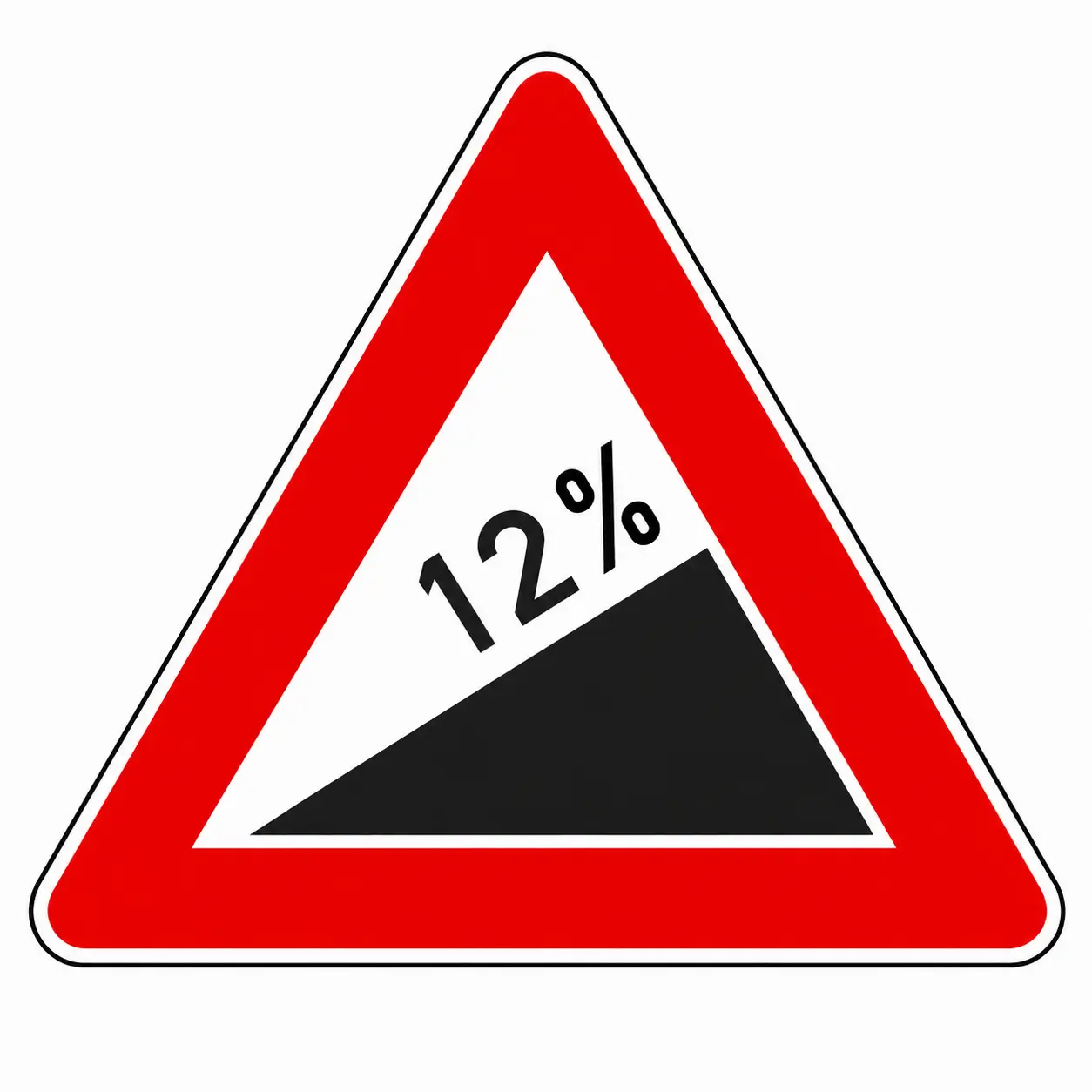 Red triangular warning sign showing 12% uphill slope