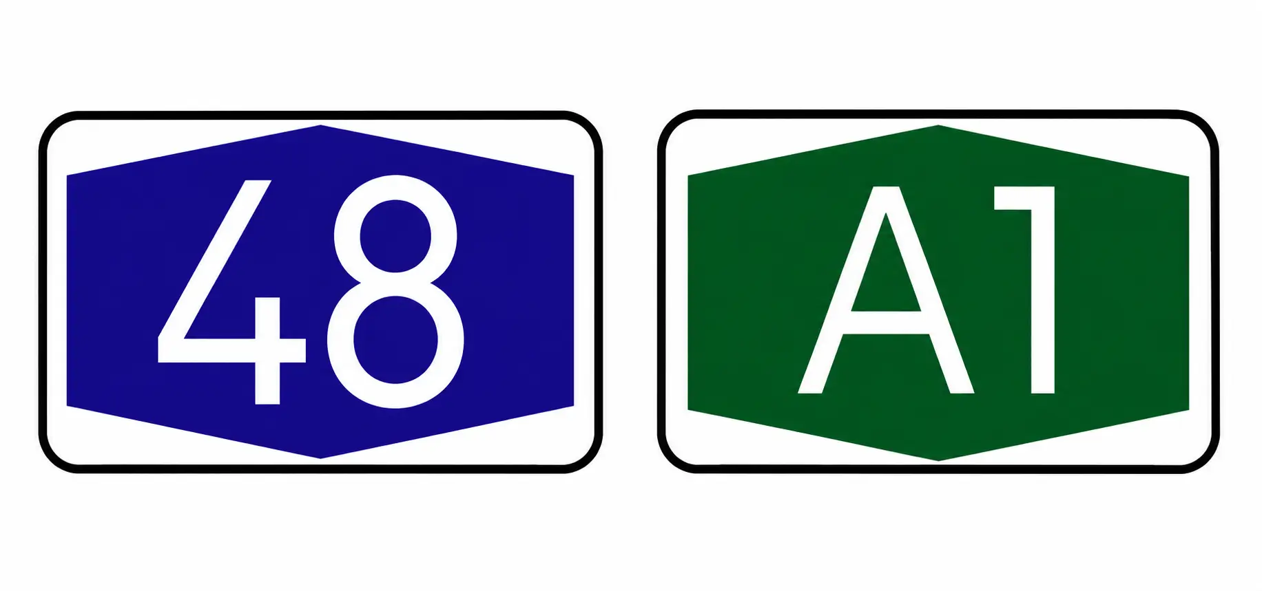 Blue 48 and green A1 road number signs