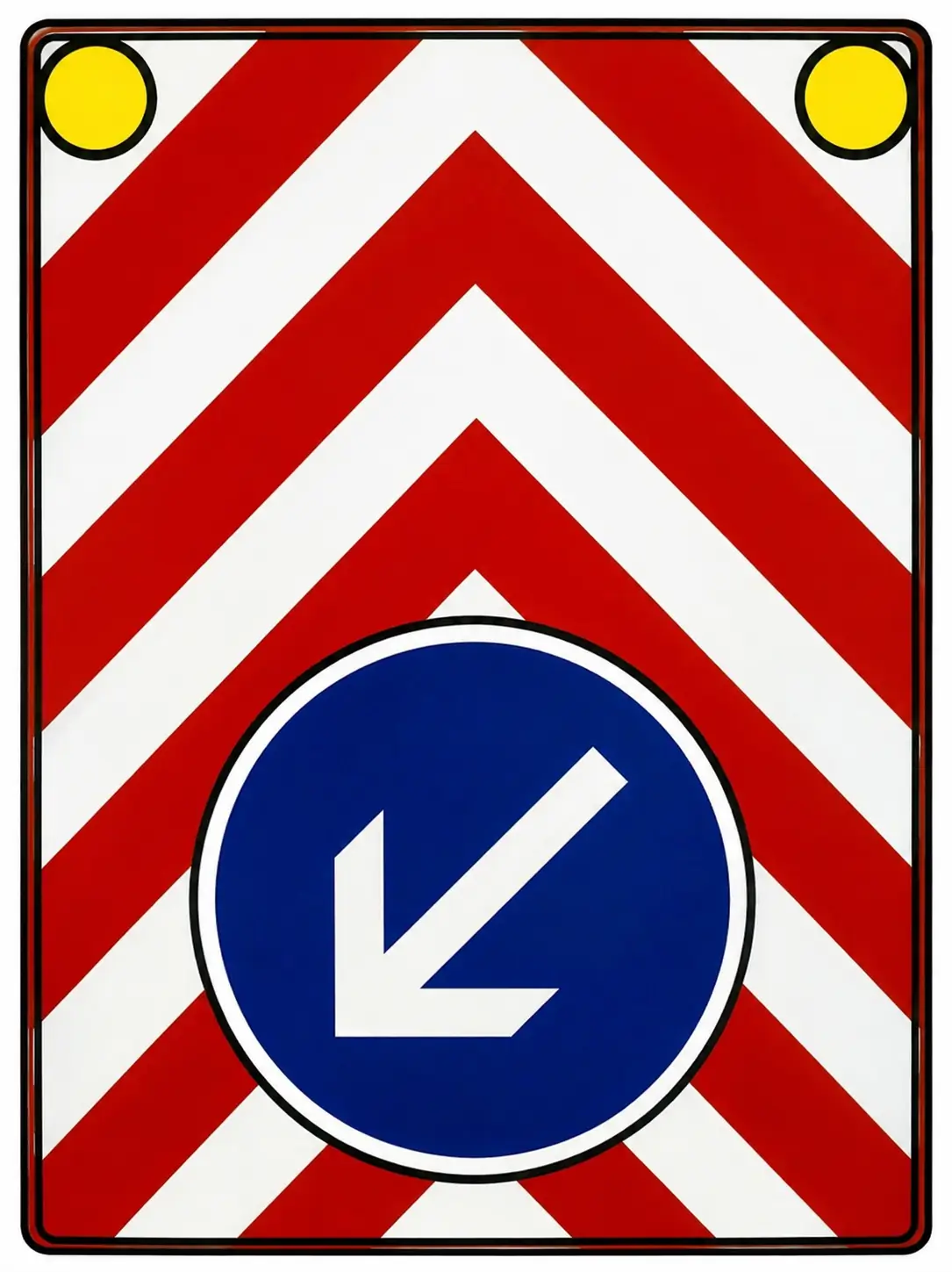Red and white chevron sign with blue arrow pointing left down