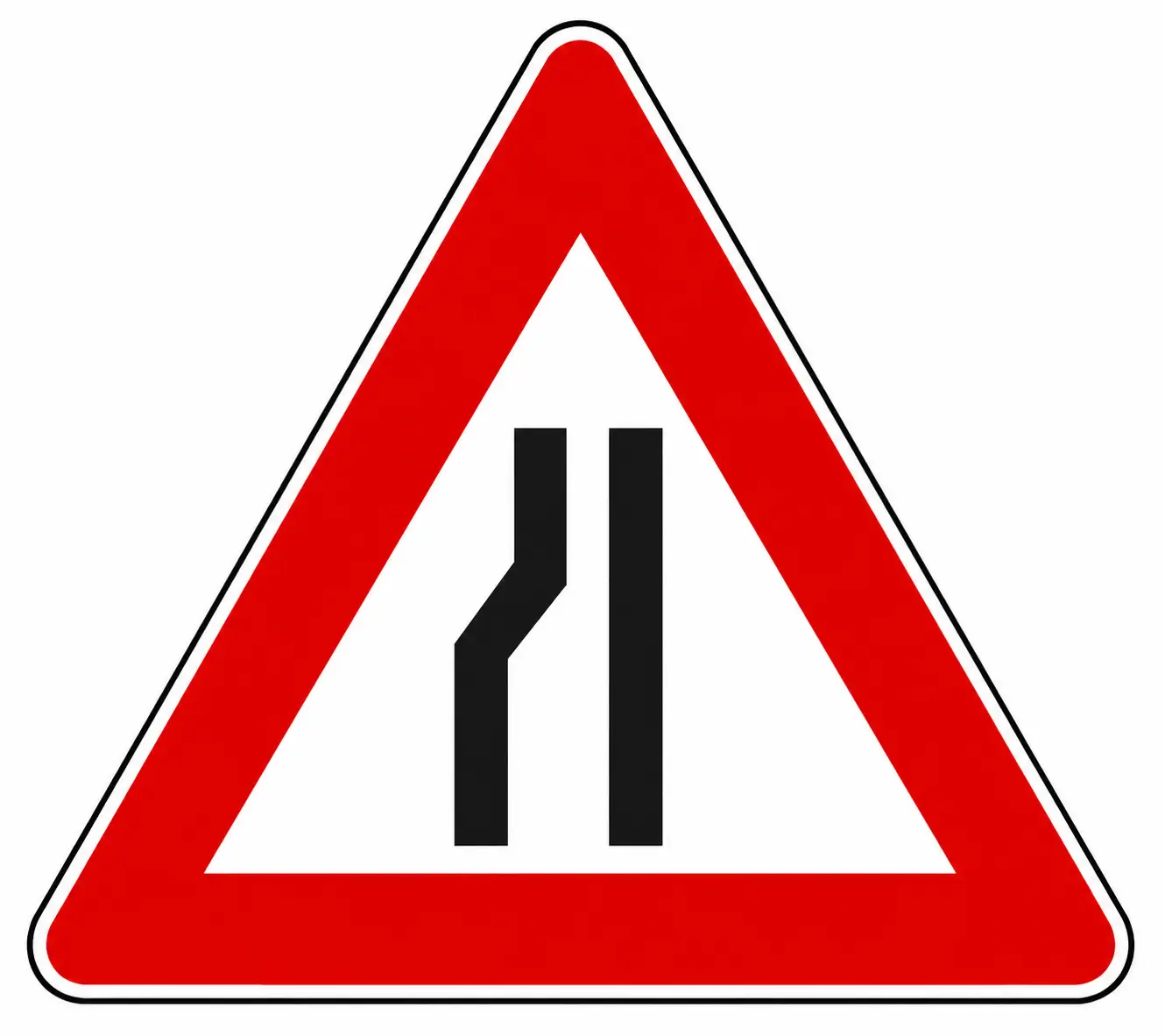 Red triangular warning sign showing road narrowing on the right