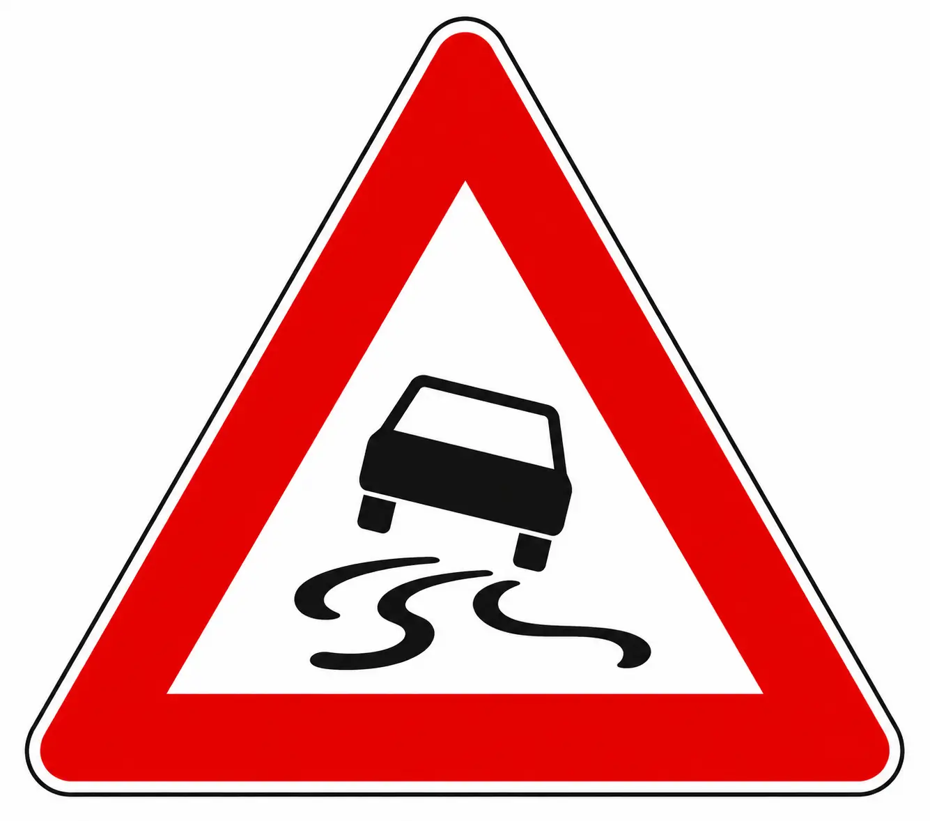 Red triangular warning sign showing skidding car