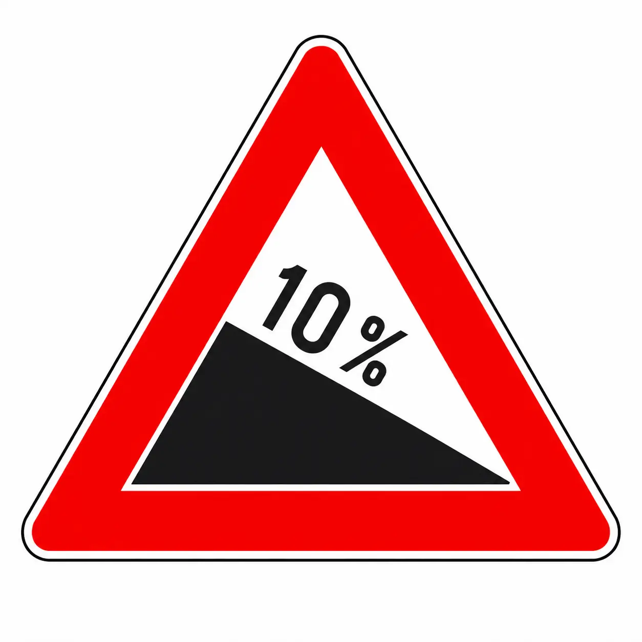Red triangular warning sign showing a 10% downhill slope