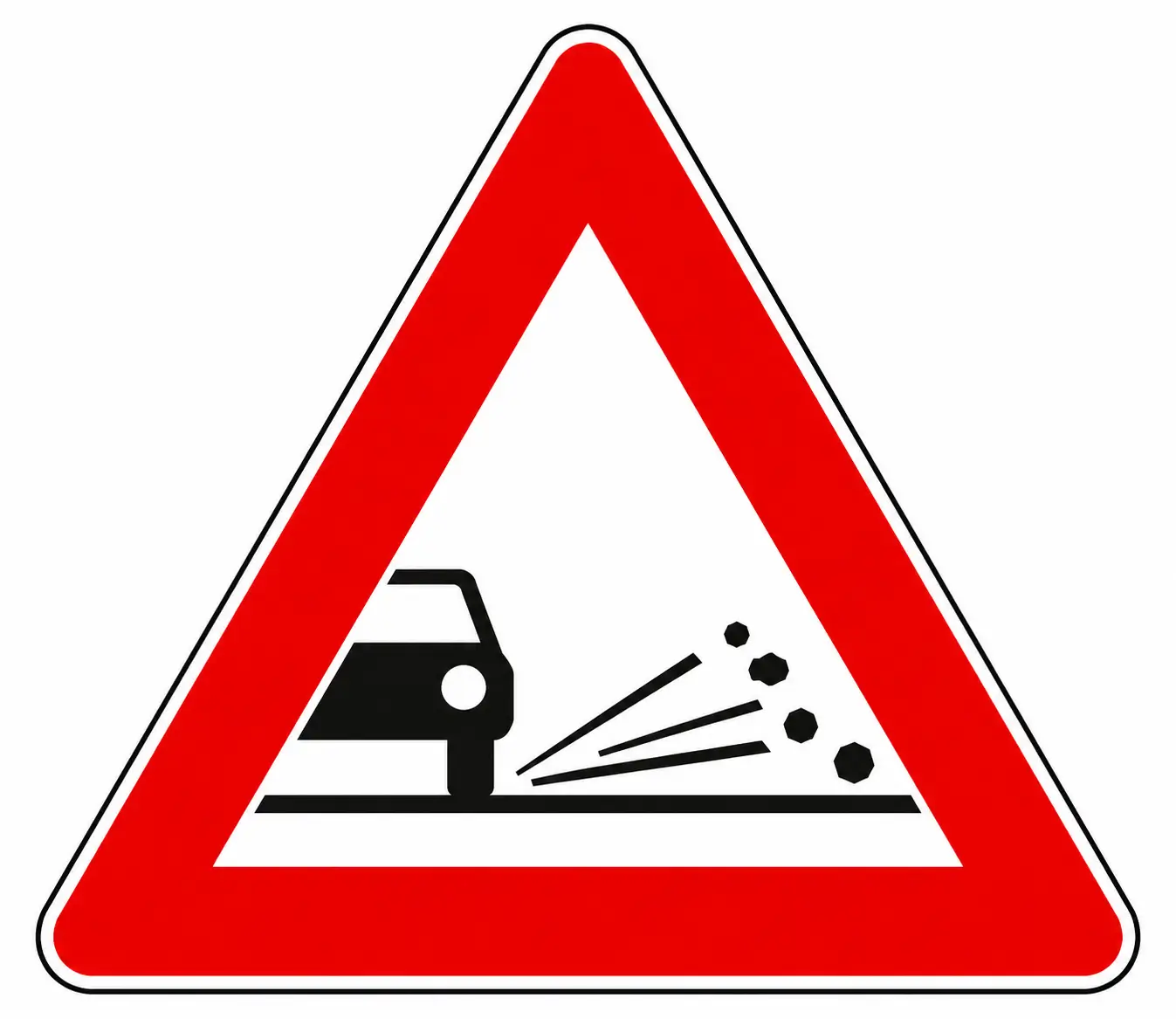 Red triangular warning sign showing car throwing stones