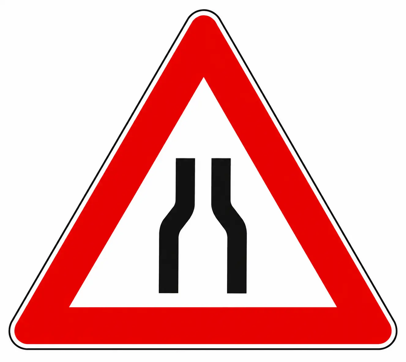 Red triangular warning sign showing road narrowing on both sides