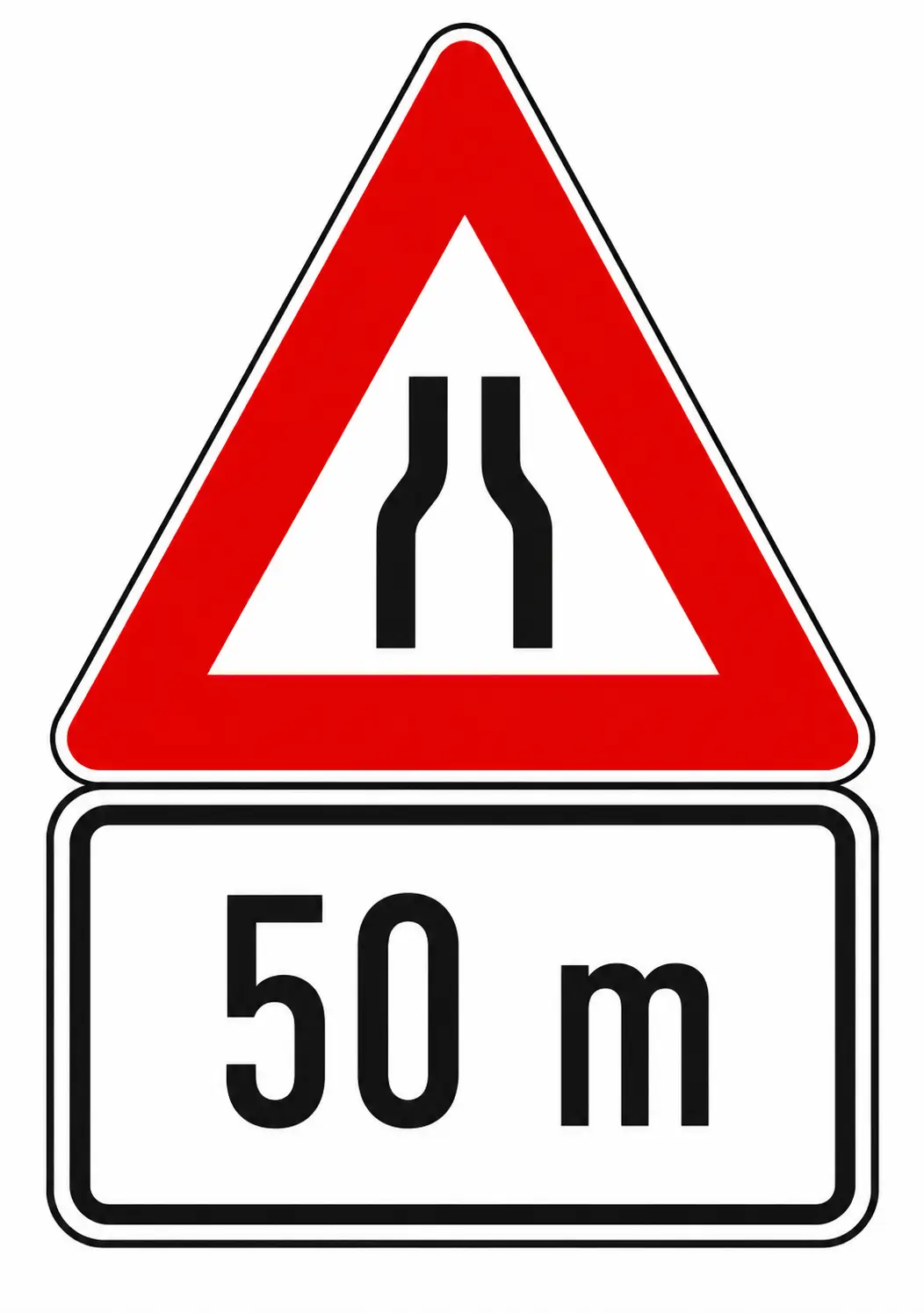 Red triangular warning sign showing road narrowing with 50m supplementary plate