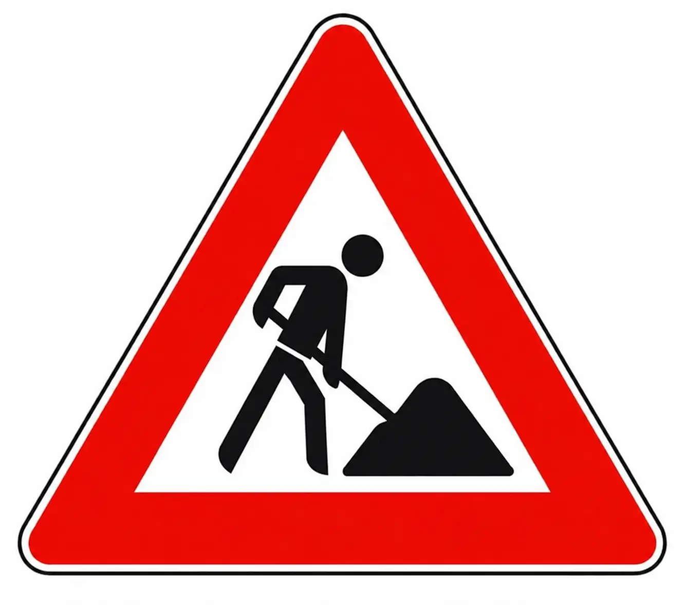 Red triangular warning sign showing roadworks