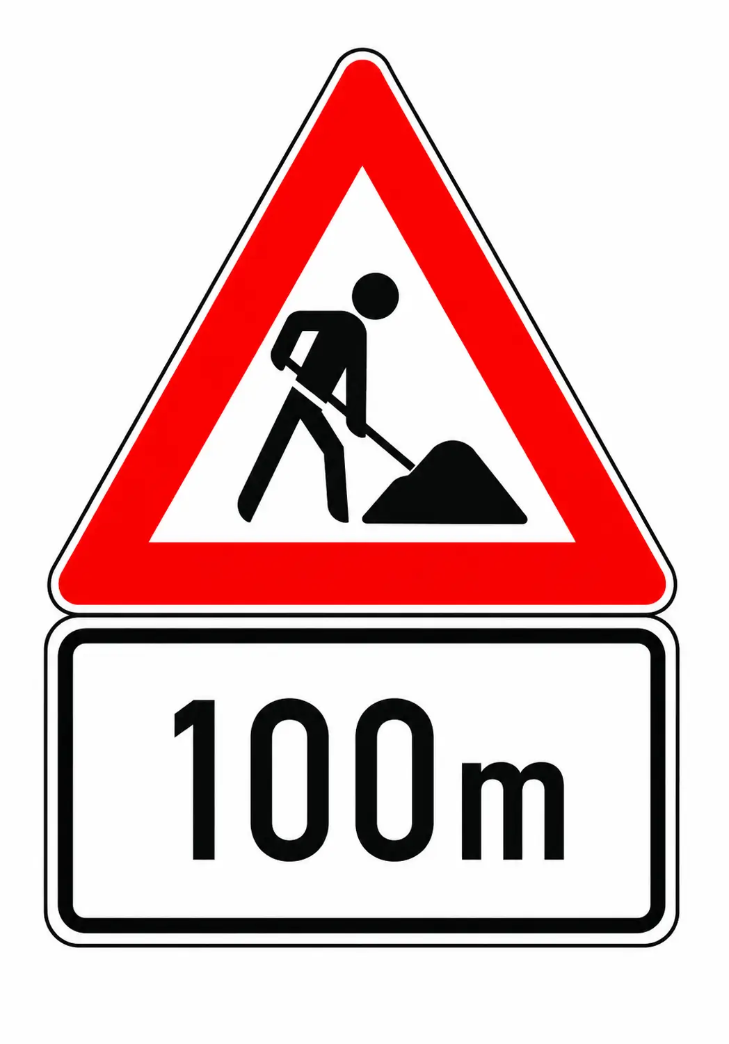 Red triangular warning sign showing roadworks with 100m supplementary plate