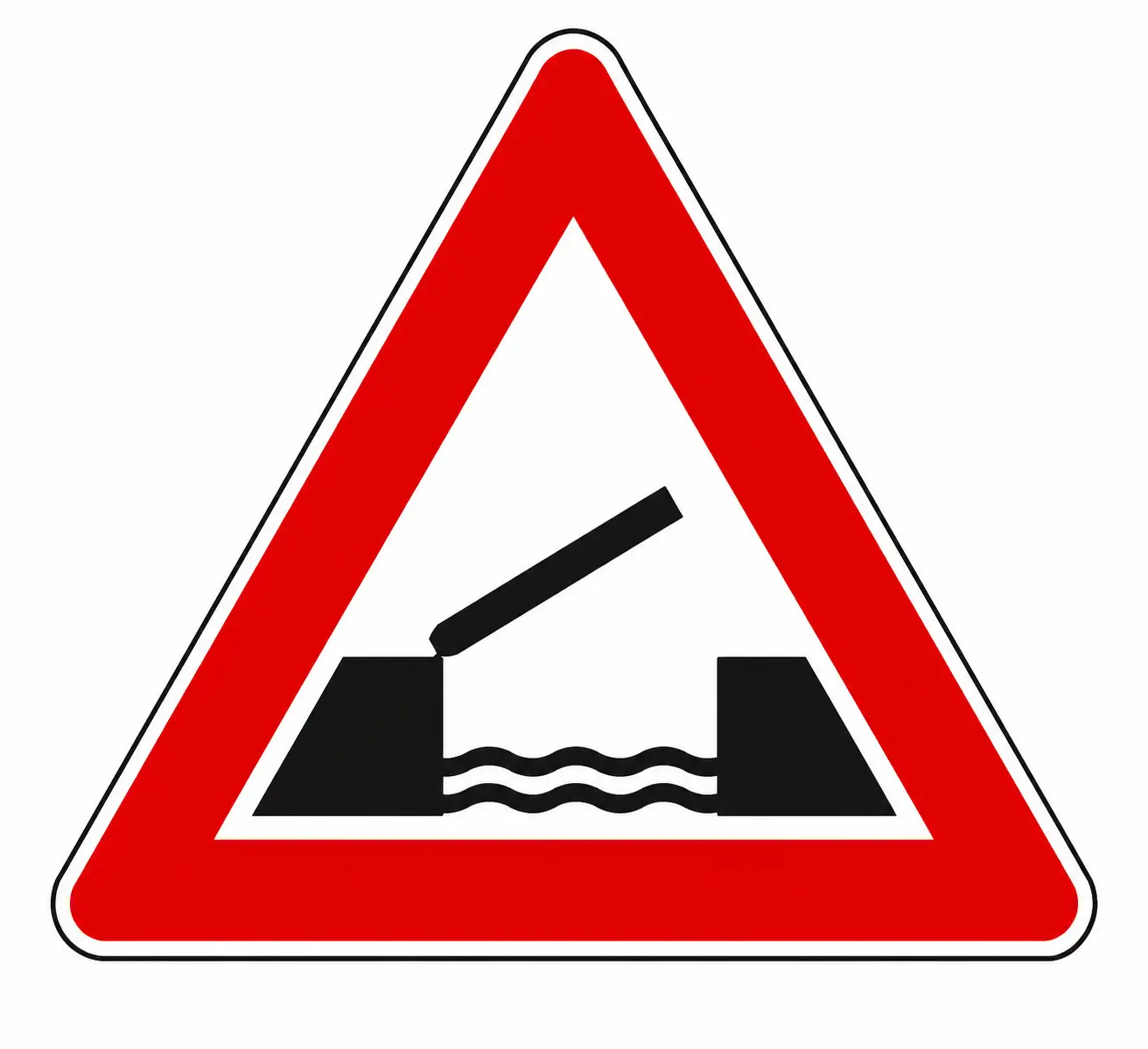 Red triangular warning sign showing movable bridge