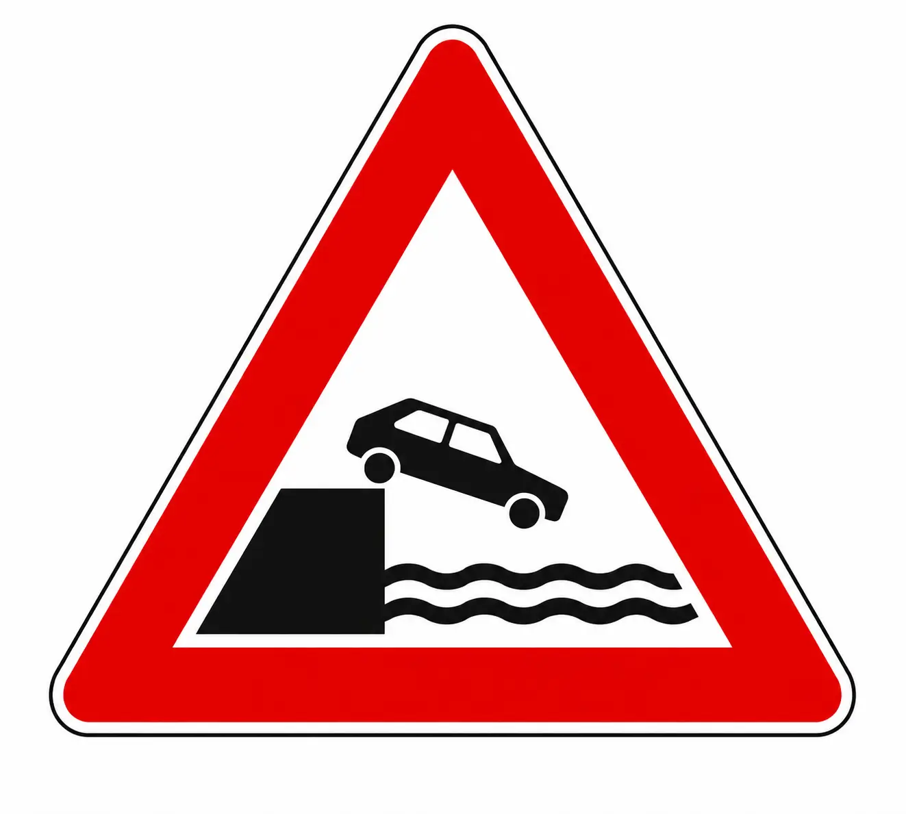 Red triangular warning sign showing quay or riverbank