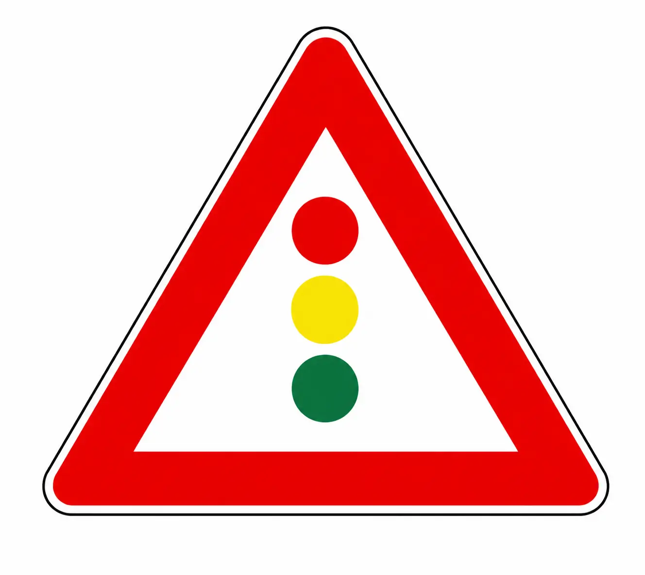 Red triangular warning sign showing traffic lights