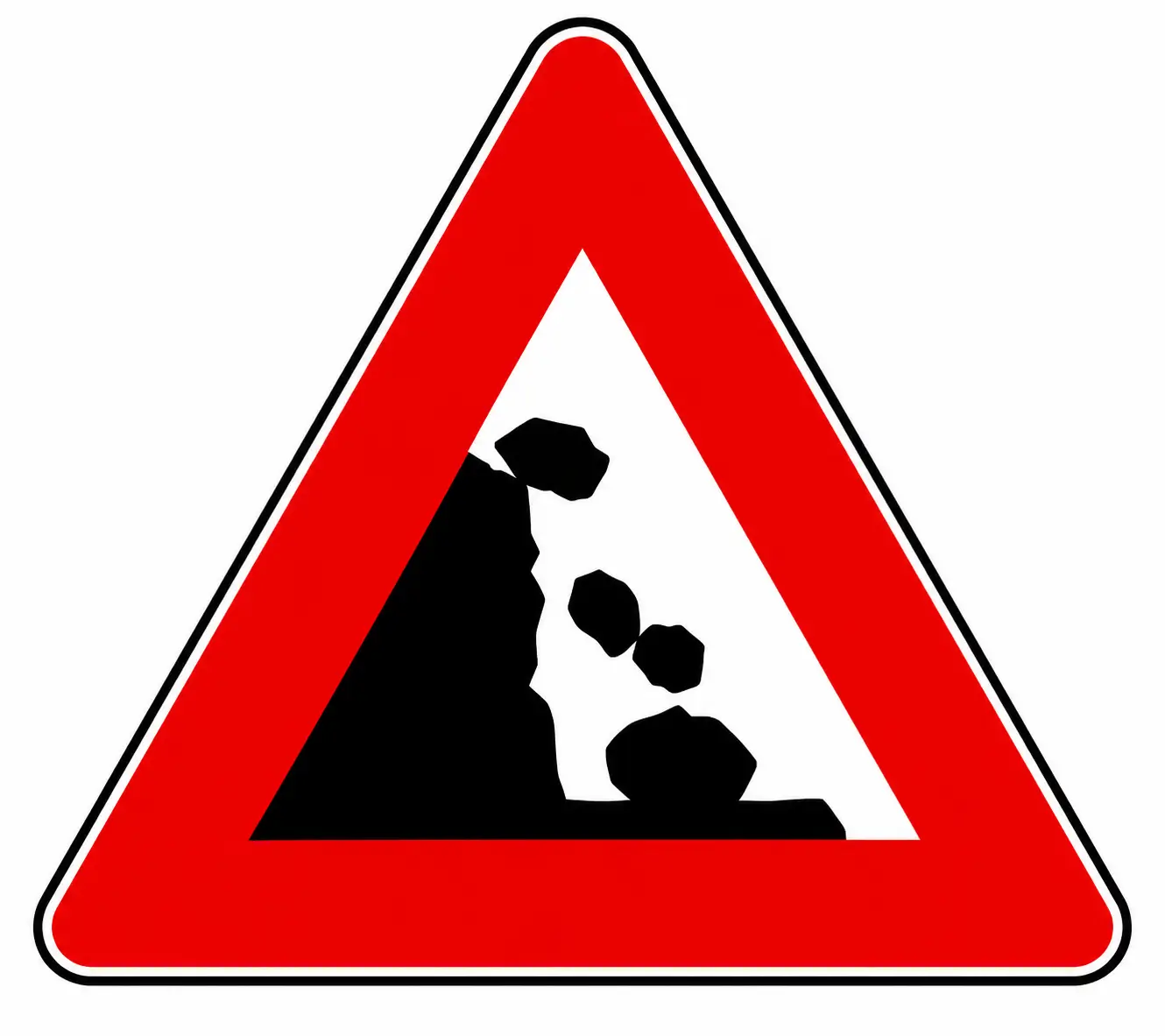 Red triangular warning sign showing falling rocks from a cliff