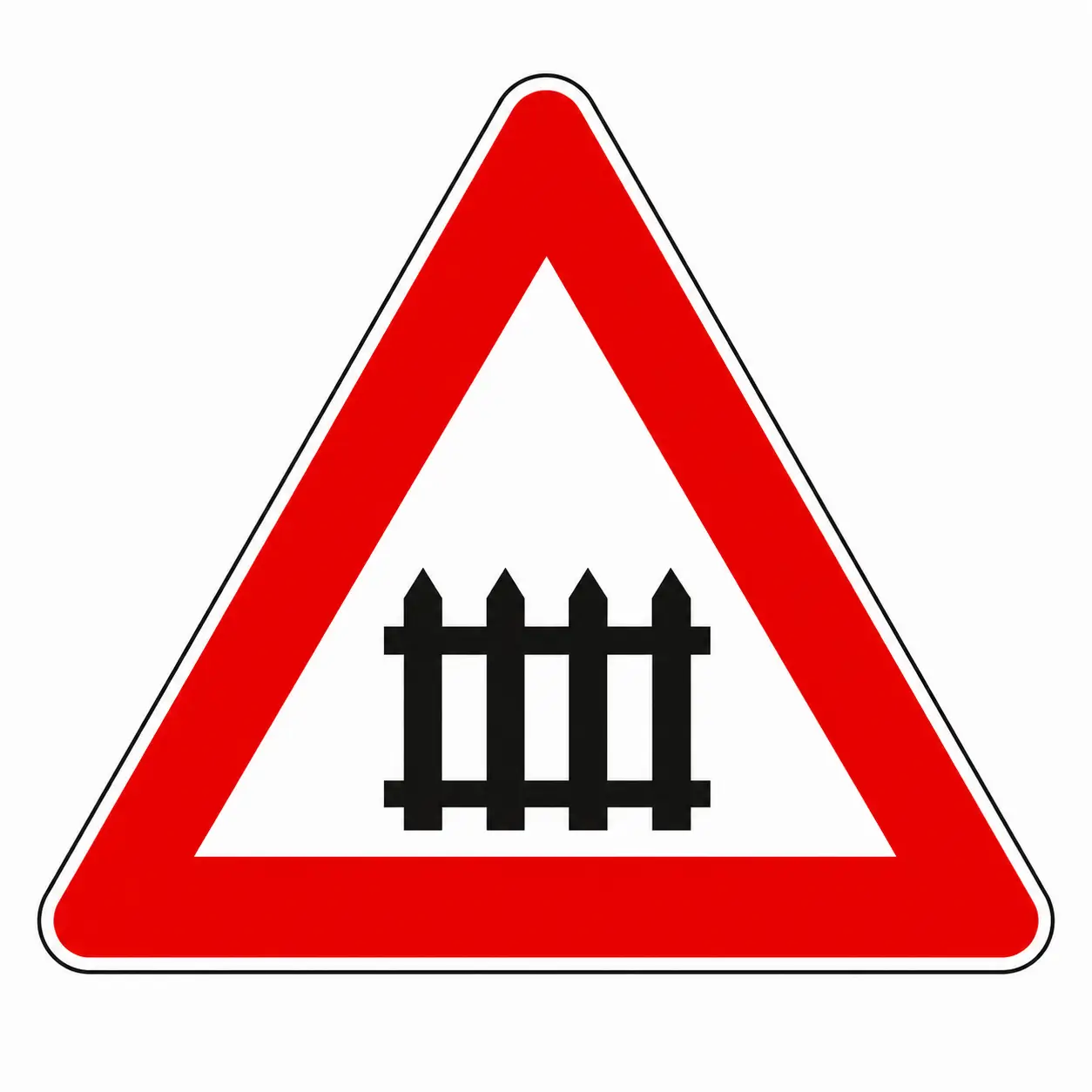 Red triangular warning sign showing level crossing with barriers