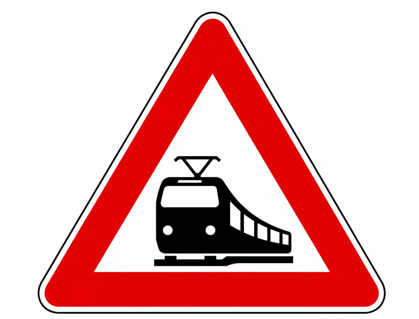 Red triangular warning sign showing train