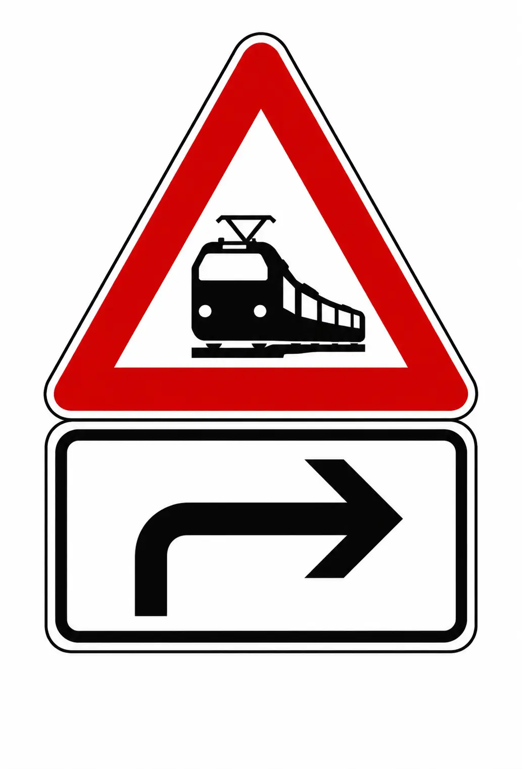Red triangular warning sign showing train with right arrow supplementary plate