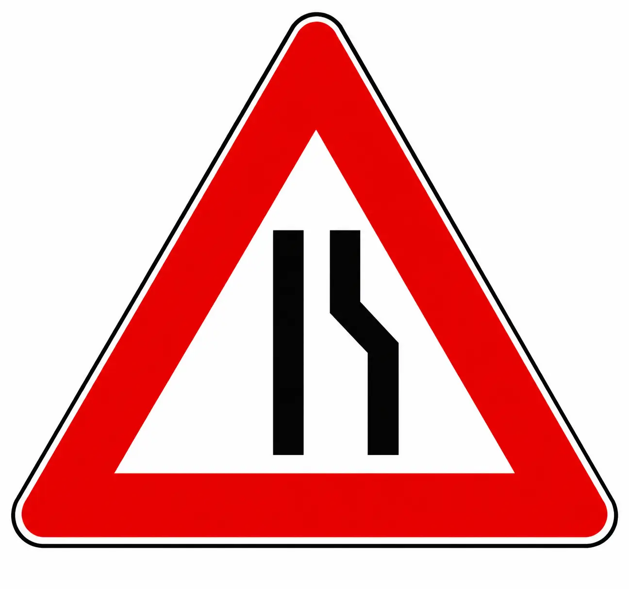 Red triangular warning sign showing a road narrowing on the right