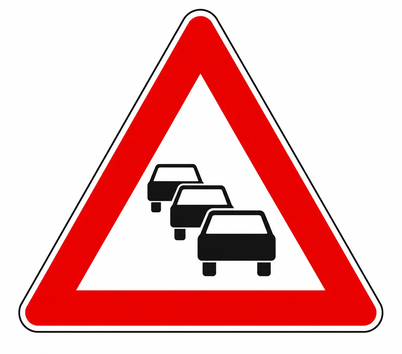 Red triangular warning sign showing traffic queue