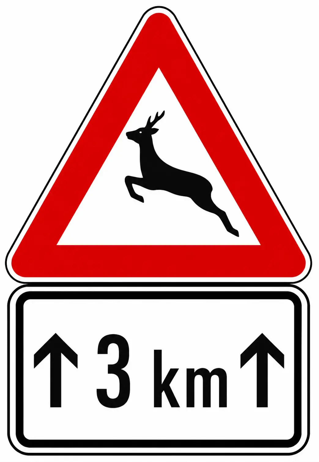 Red triangular warning sign showing deer with 3 km supplementary plate