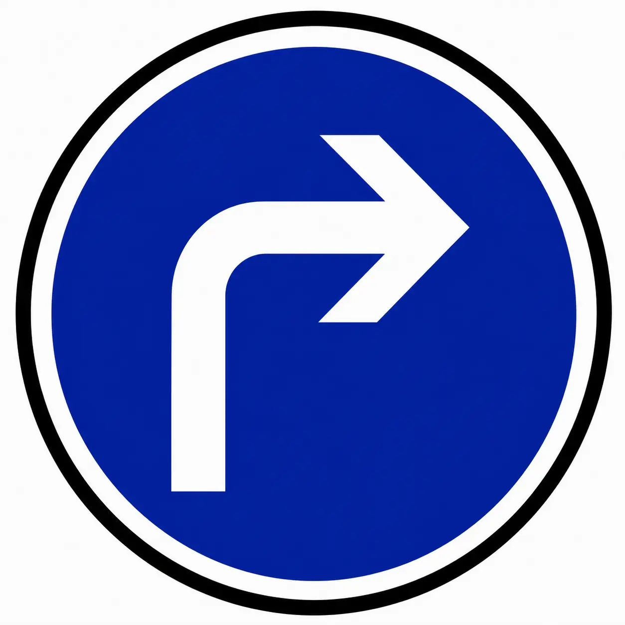 Blue circular sign with white arrow pointing right