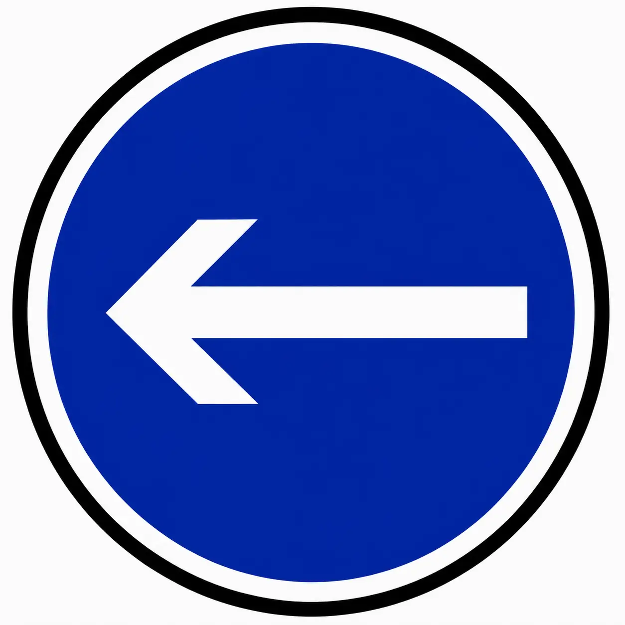 Blue circular sign with white arrow pointing left