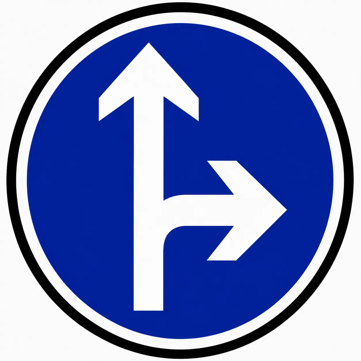 Blue circular sign with white arrow pointing straight and right