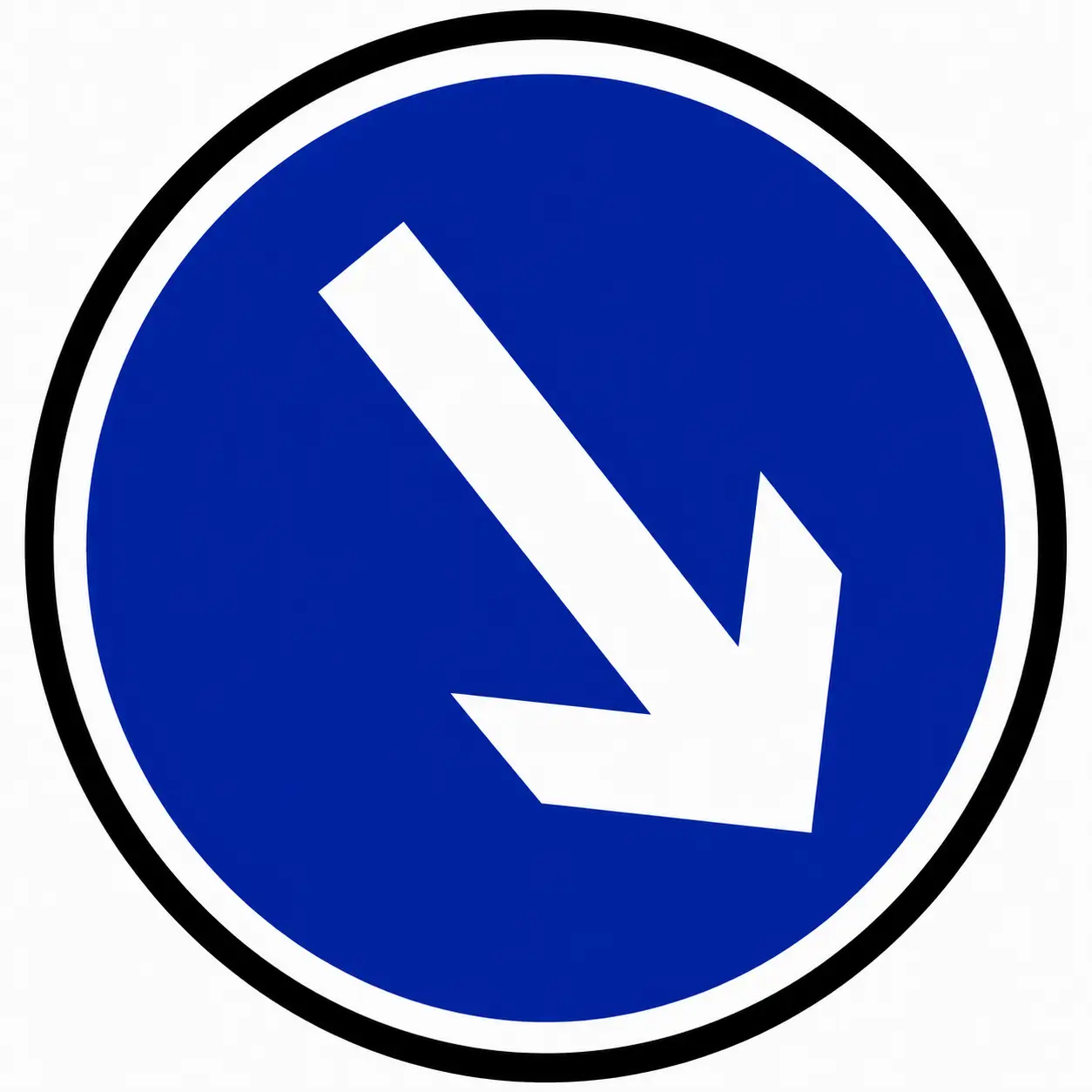 Blue circular sign with white arrow pointing down-right
